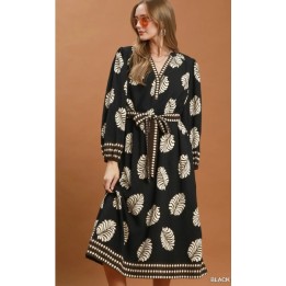 Umgee Mix Leaf Print Belted Midi Dress