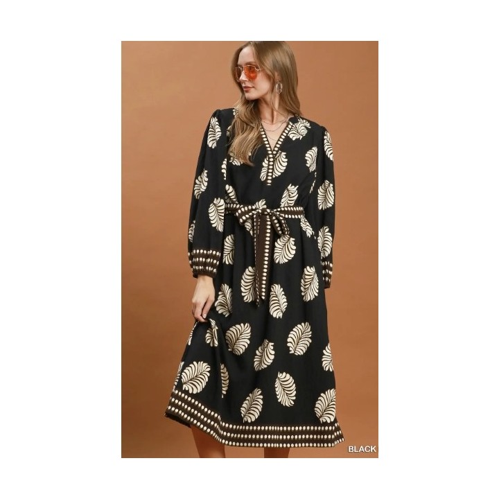 Umgee Mix Leaf Print Belted Midi Dress
