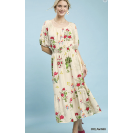 Mix Floral Smocked Waist Midi Dress