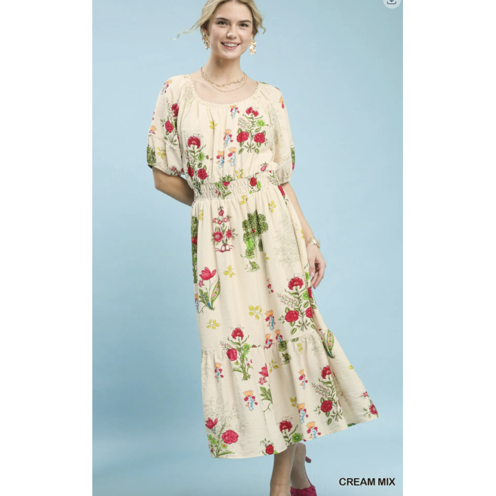 Mix Floral Smocked Waist Midi Dress