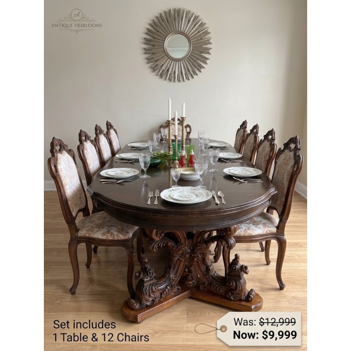 French Rococo Regency Royal Revival Dining Table & Set of 12 Chairs