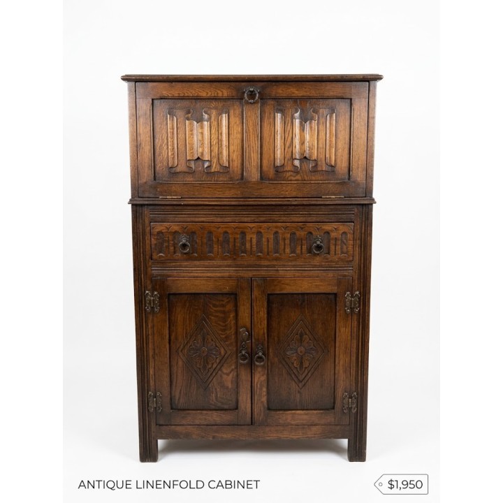 Antique Oak Linenfold Cocktail Cabinet- Tudor Jacobean Revival 16th century