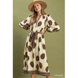 Cream Mix  Leaf Print Belted Midi Dress
