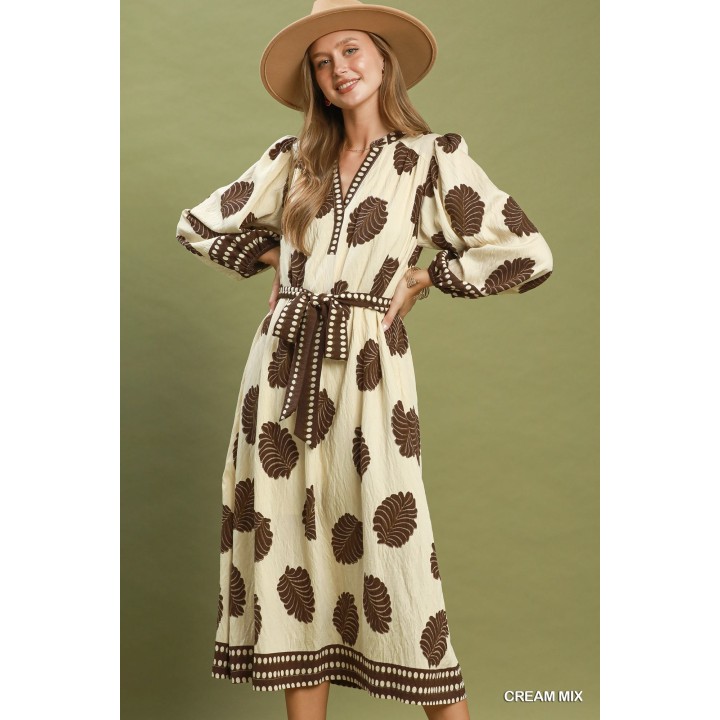 Cream Mix  Leaf Print Belted Midi Dress