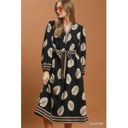 Black Mix Leaf Print Belted Midi Dress
