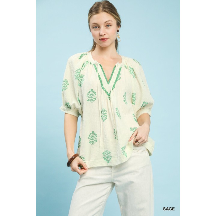 Floral Print Gauze Top Sage